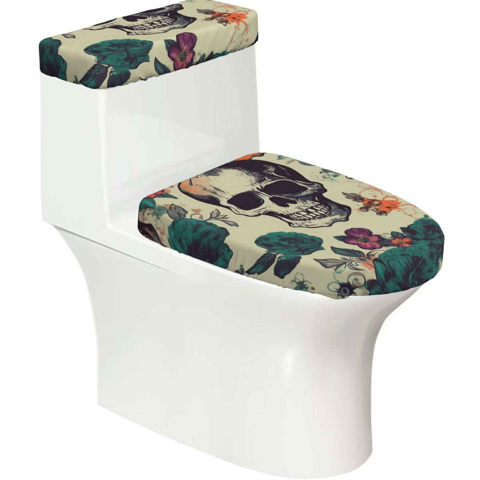 FekiLoot Skull Flower Toilet Lid Cover and Toilet Tank Cover Set of 2,Dust Splash Resistant Toilet Top Covers Soft Washable Toilet Lid Seat Cover for Bathroom Office Home Decor