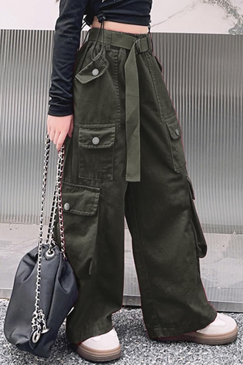 AOWKULAE Girls Loose Casual Pants Cargo Pants Waist Wide Leg Pants Kids 6-14 Years - Image 6