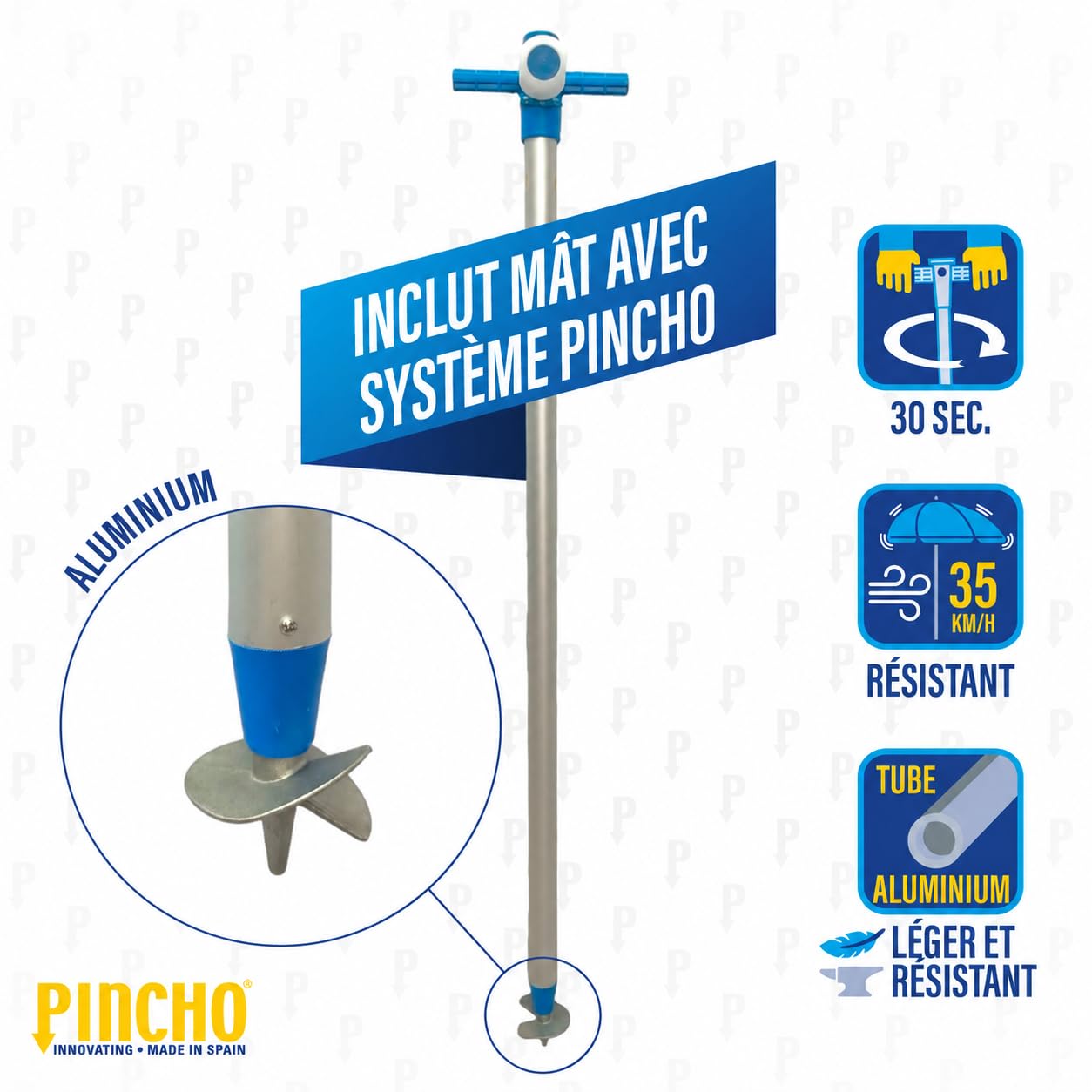 Pincho Grand parasol de plage 240 cm d'arc, anti-vent jusqu'à 35 km/h, protection UV 50, matériaux de qualité, 8 baleines en fibre de verre, bâton inclinable