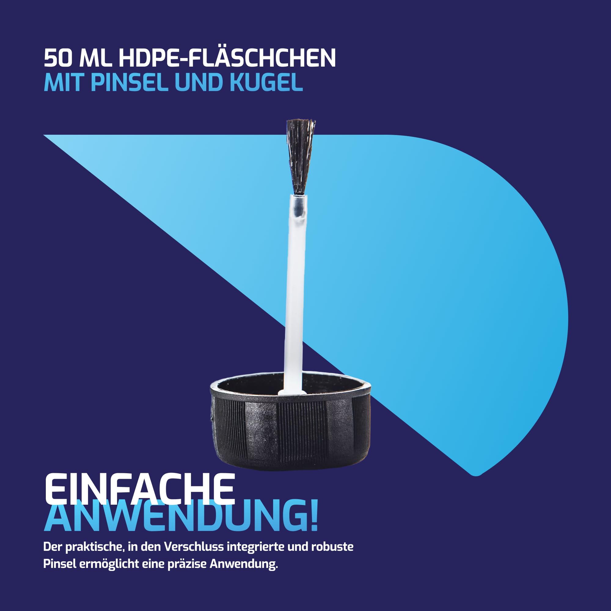 BenBow - 25x 50 ml Pinselfläschchen mit Mischkugel - Feiner Pinsel, Transparent - Lösemittelbeständig - Flüssigkeiten aufbewahren & auftragen - HDPE Kunststofffläschchen für Lacke, Farben Öl & Kleber