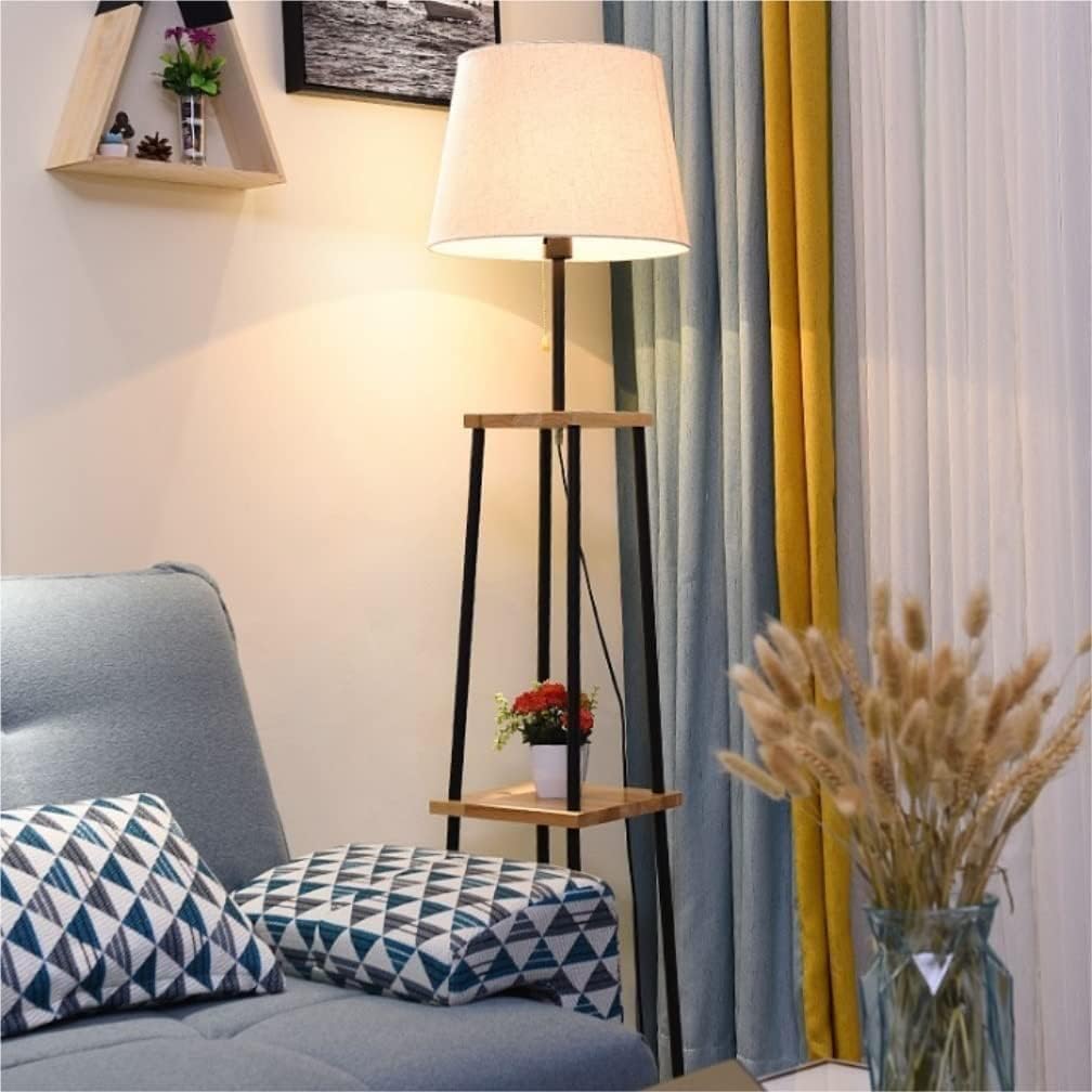 Lampa Stojąca Salon Lampa Podłogowa W Stylu Nordyckim, Abażur Z Tkaniny, Lampa Stojąca Z 2-poziomową Drewnianą Półką, Lampka Do Czytania, Wysokie Lampy Lampa Podłogowa Sypialnia
