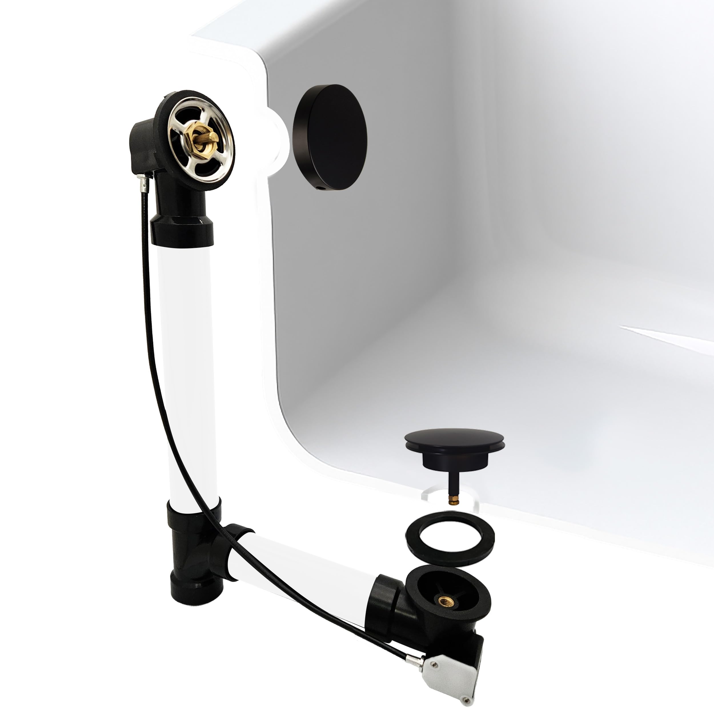 Westbrass A50A45SRE-62 45" SCH. 40 ABS Cable Driven Bath Drain Trim Kit with Rotary Overflow Cover Knob and Pop-Up Stopper, Matte Black