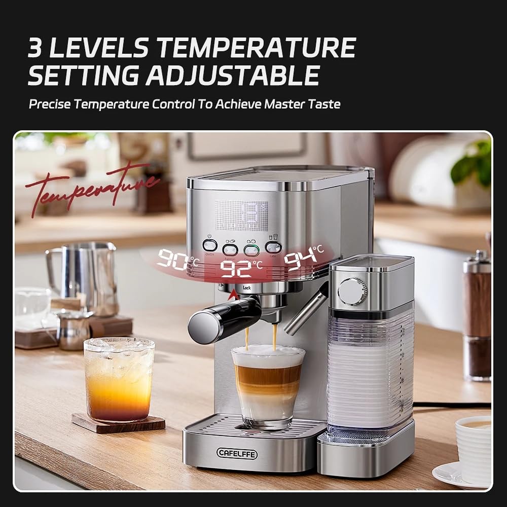 CAFELFFE 6-in-1-Espressomaschine, Siebträgermaschine mit Milchtank, Automatische Cappuccinomaschine mit Selbstreinigung und 3 Temperaturoptionen, 1,3 l Edelstahl