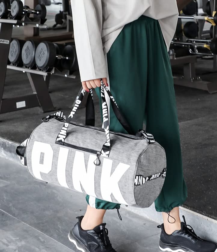 Sports Gym Bag Large Capacity Travel Duffel Bag Sport Shoes Bag with Wet Pocket Compartment for Men and Women Lightweight Multiple Colors PINK Logo (Grey)3