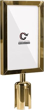 Crowd Control Warehouse Stanchion Post Top Sign Frame, 7 x 11 Inch Vertical Polished Brass Steel