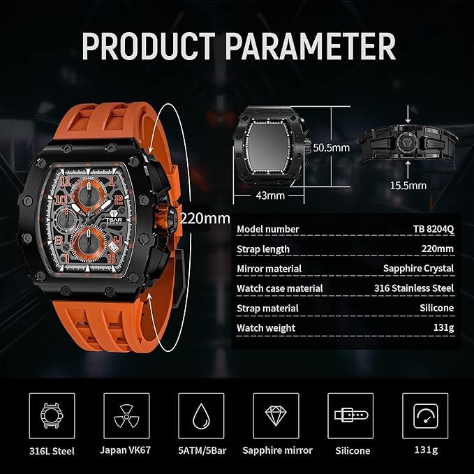 Image of TSAR BOMBA Mens Luxury Watch Watches for Men 50M Waterproof Japanese Quartz Movement Tonneau Stainless Steel Case Sapphire Glass with Chronograph Date Function Cool Unique Fashion Gift