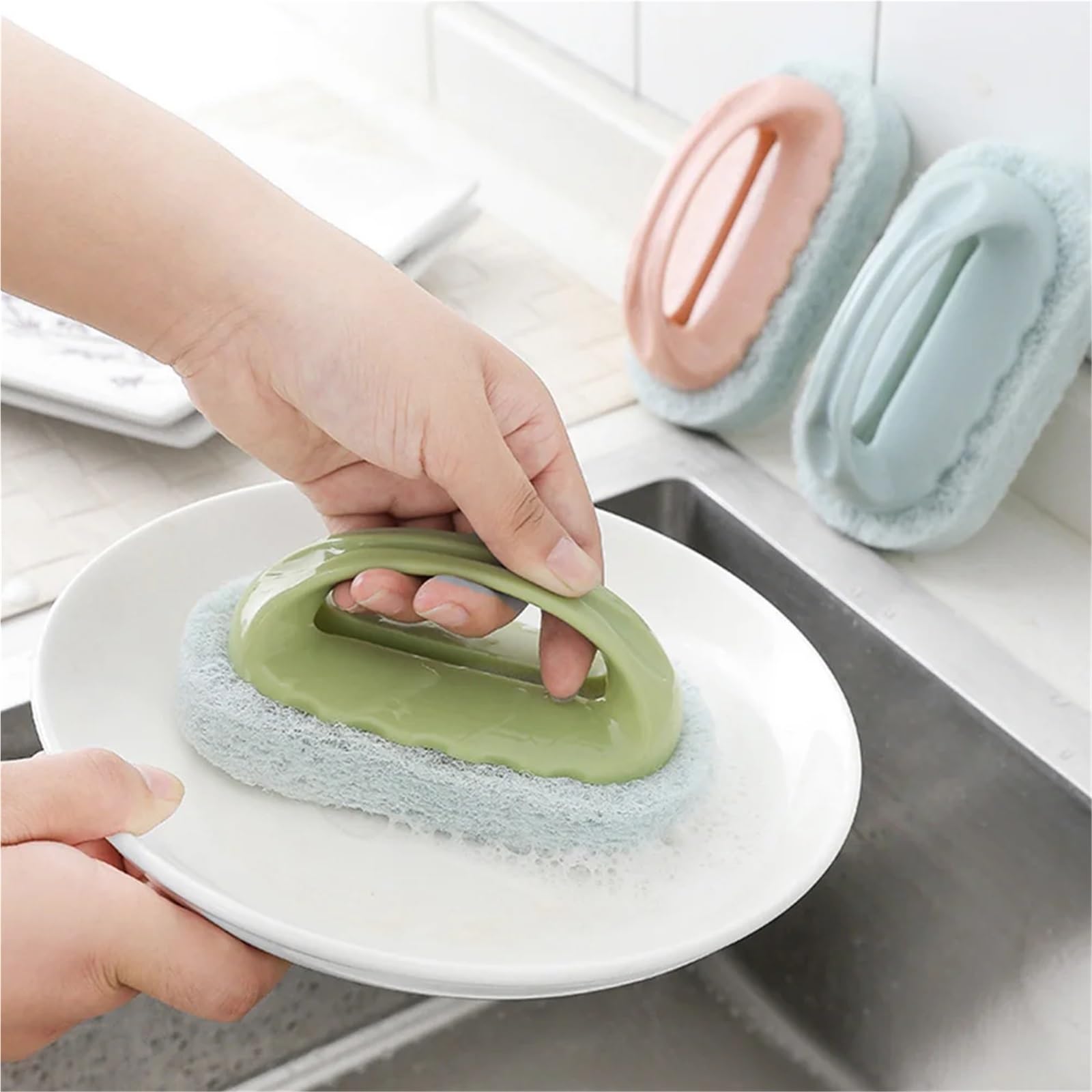 Brosse à Vaisselle 6pcs Cleaning Sponge Brush with Handle Thickened Household Kitchen Bathroom pour Laver La Vaisselle