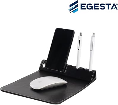 Deri Mouse Pad ve Masaüstü Organizer - Telefon Standlı ve Kalemlik Bölmeli 3'ü 1 Arada Ofis Aksesuarı - Kaymaz Taban Şık Dikişli Suni Deri Mousepad - Siyah