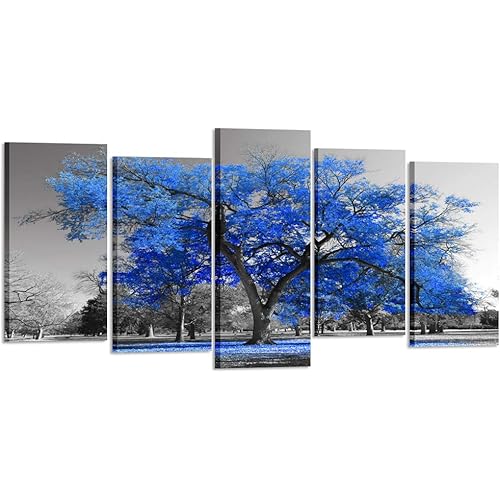 KREATIVE ARTS Canvas Print Wall Art Painting Contemporary Blue Tree In Black And White Style Fall Landscape Picture Modern Giclee Stretched And Framed Artwork (XLarge Size 80x40inch)