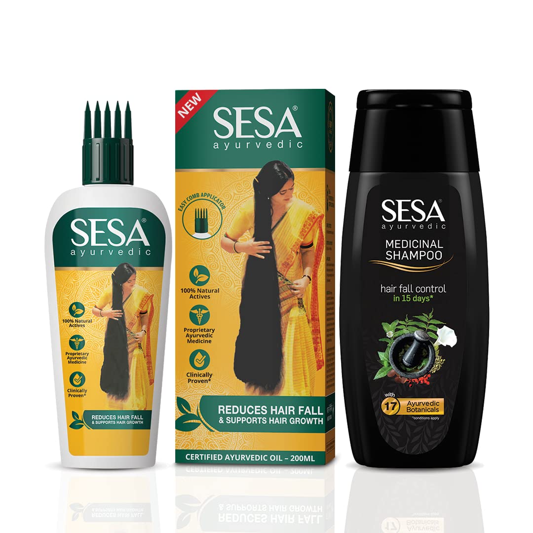 SESA Ayurvedic Medicinal Hair Care Kit for Hair Fall Control and Hair Growth | Ayurvedic Hair Oil – 200ml & Medicinal Shampoo – 200ml