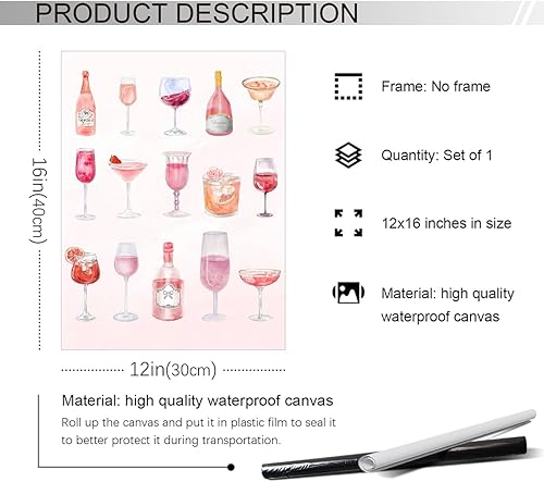 Miniatura 6 de Xianyojafa Coquette - Arte de carrito de bar rosa, lienzo retro de moda de color champán, póster estético femenino de habitación, imagen artística