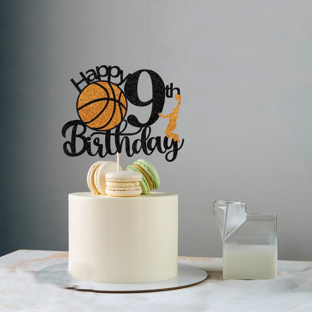 Happy 9th Birthday Basketball Cake Topper - Glitter Boy's Nine Years Old Party Decor, Adjustable Height