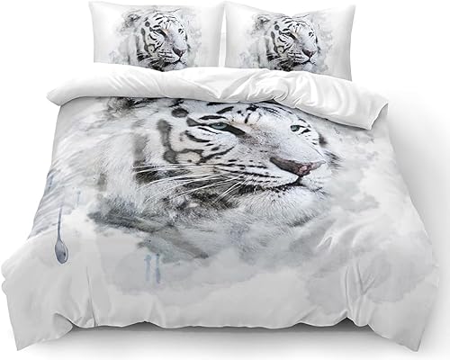 Miniatura 2 de Juego de funda de edredón con diseño de tigre blanco, tamaño queen, funda de edredón con estampado de animales salvajes, juego de ropa de cama con
