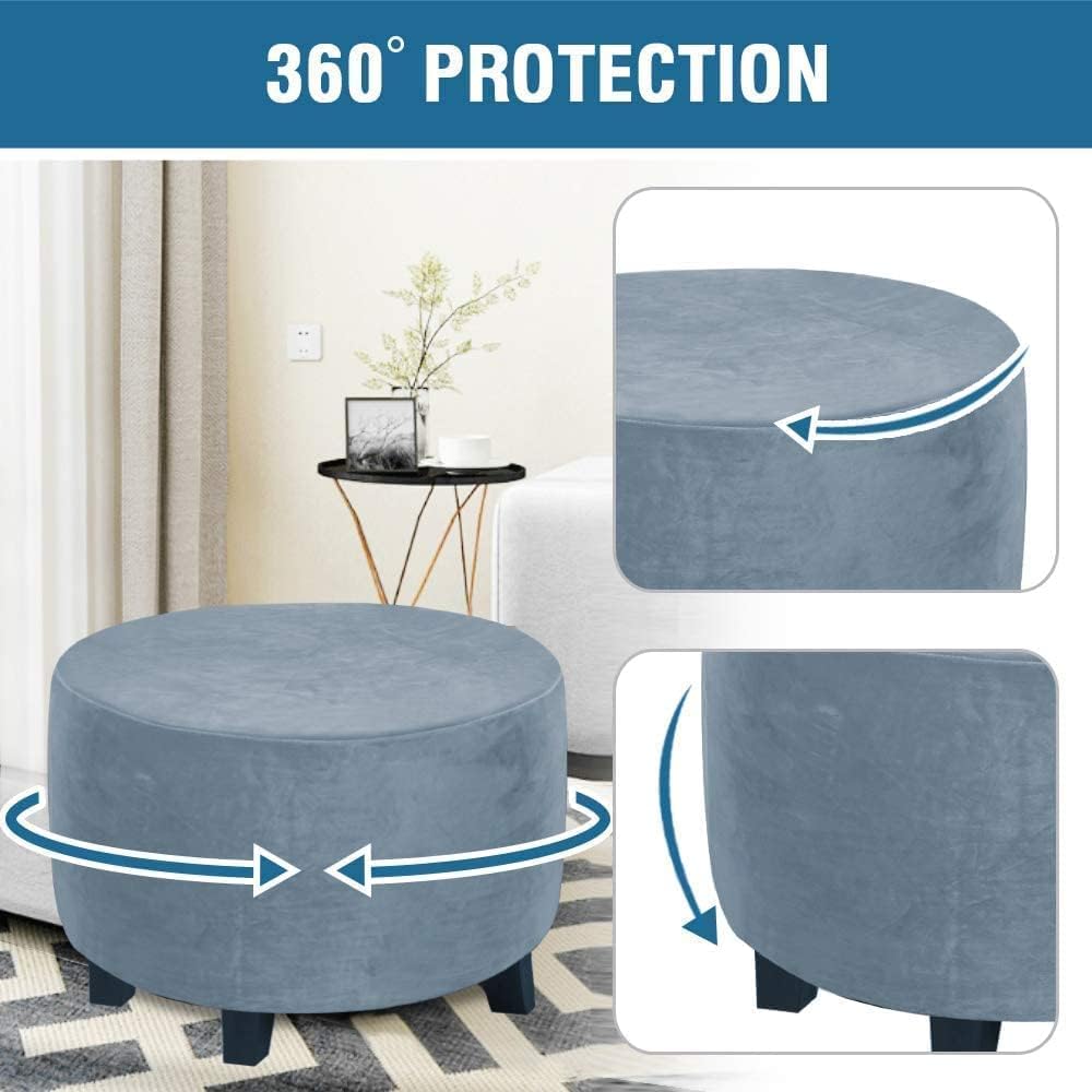 ADPON Velvet Plush Ottoman Cover,Super Stretch Round Ottoman Slipcover Washable Storage Stool Furniture Protector for Living Room (Large,Stone Blue)