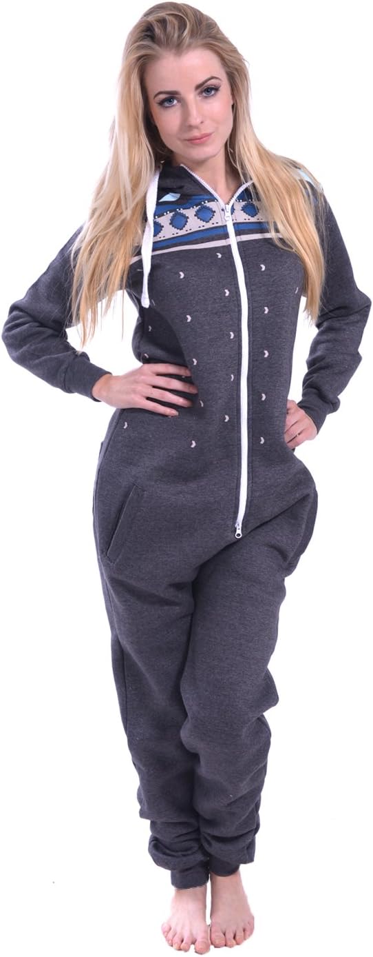 Newfacelook Women Ladies Stylish Printed Onesie Hoody One Zip Hoodie Jumpsuit