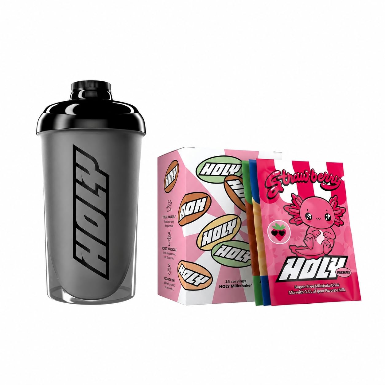 Kit de démarrage HOLY Milkshake - 3x5 variétés - avec vitamines B, C et D et arômes 100% naturels - sans sucre, sans caféine et végétalien - poudre pour milkshake hypocalorique, shaker inclus