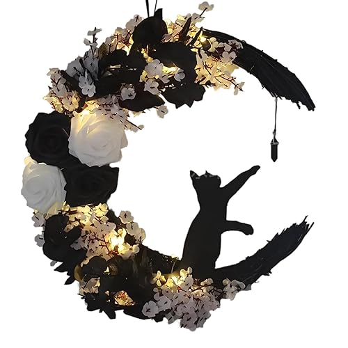 2025 Halloween Wreaths for Front Door Lighted Black Halloween Wreath with Rose White Flower Cat Halloweens Grapevine Door Wreath Horror Door Decorations for Home Indoor Outdoor Party Decor (Moon A) - Moon a