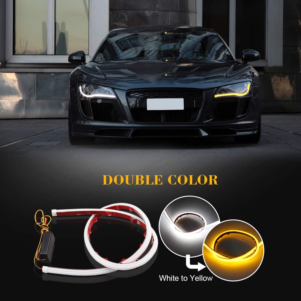 Show Glow 2X 23inch Dual Color White-Amber Switchback Headlight LED Tube Strip Light DRL Daytime Running Light & Turn Signal Lamp for Car Autor Headlight 60CM