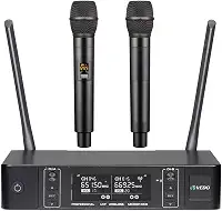 VEDO Sistema de microfone sem fio, microfones sem fio duplos com 2 microfones de mão, busca automática de frequências, 2x100 frequências UHF, alcance de 60 m, microfone dinâmico para canto