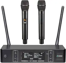 VEDO Sistema de microfone sem fio, microfones sem fio duplos com 2 microfones de mão, busca automática de frequências, 2x100 frequências UHF, alcance de 60 m, microfone dinâmico para canto