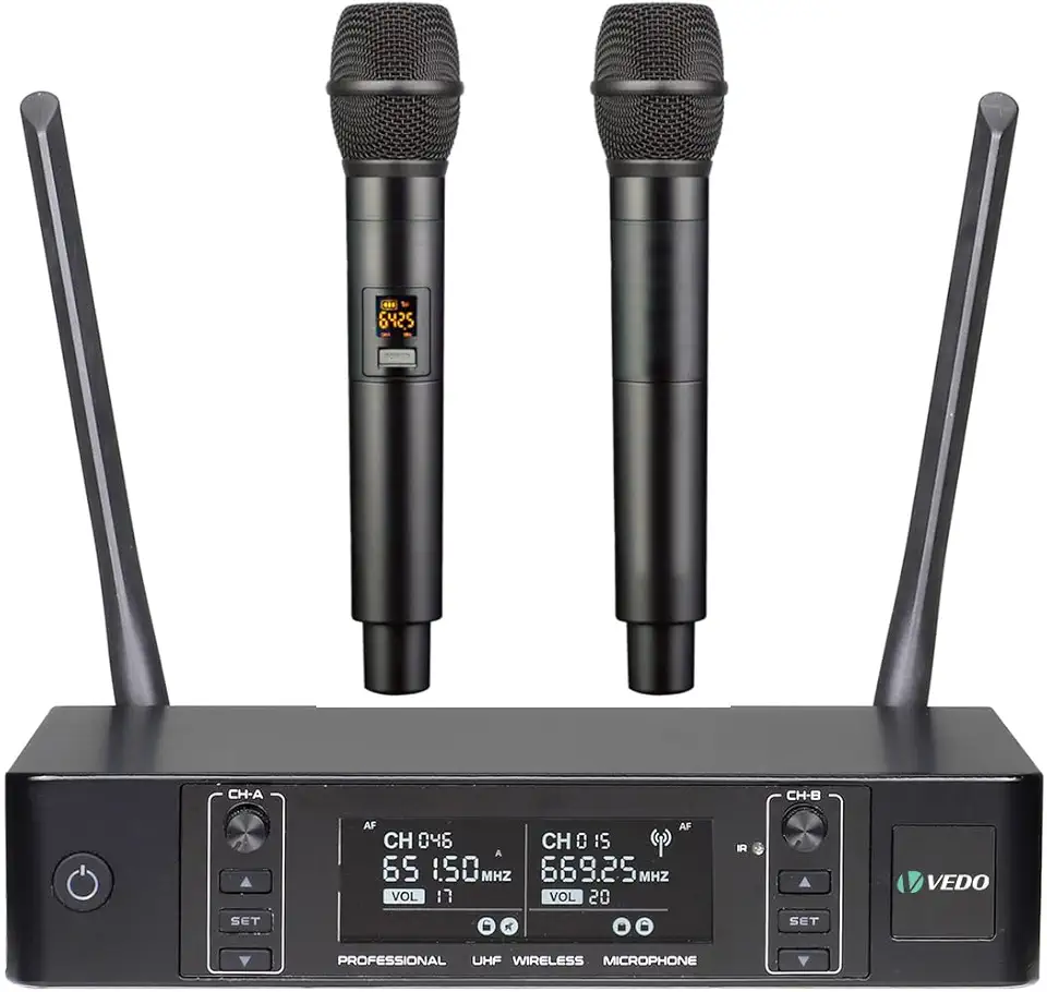 VEDO Sistema de microfone sem fio, microfones sem fio duplos com 2 microfones de mão, busca automática de frequências, 2x100 frequências UHF, alcance de 60 m, microfone dinâmico para canto
