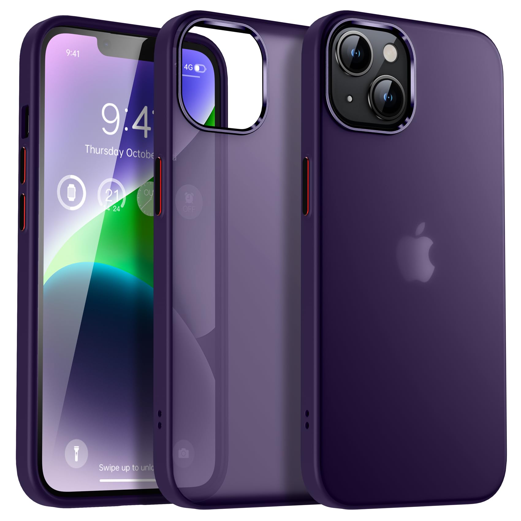 FlyzooClear Matte Case for iPhone 13/iPhone 14 (6.1''), Translucent Phone Cover with [Shockproof & Antiscratch & Antifall Protection], Hard Back Frosted Protective Bumper with Silicone Edge, Purple