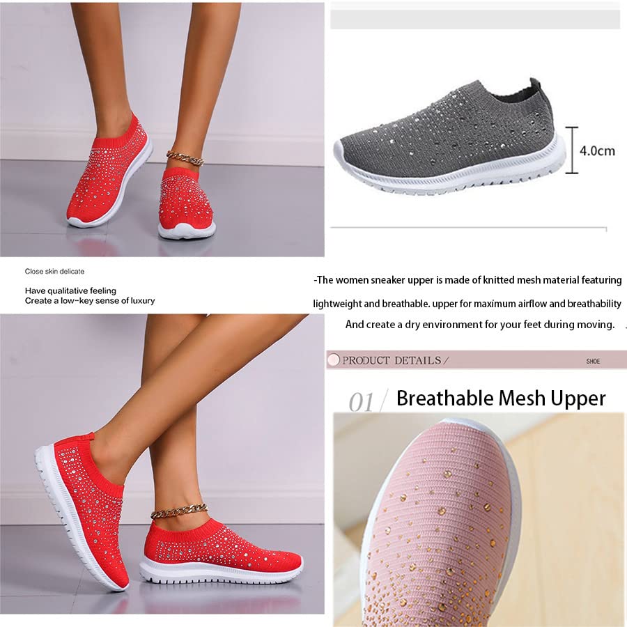 AngryMonkey Womens Rhinestone Sneakers Slip On Wedge Orthopedic Breathable Mesh Platform Lightweight Walking Loafer with Crystal Glitter3