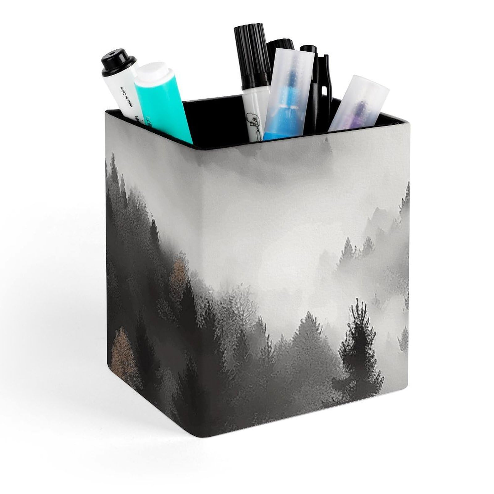 DWVTSLH Aesthetic Pen Holder for Desk - Modern Leather Pencil Holder - Stylish Square Makeup Brush Holder - Foggy Mountains Forest Pen Cup Cute And Functional Desk Organizer for Office Supplies