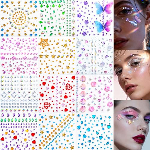 Face Gem Stickers 12 Sheets Self-Adhesive Face Rhinestones for Makeup Acrylic Bling Decorative Diamond Stickers 3D Butterfly Seashell Stick on Gems Face Jewels for Women Gem Sticker Crafts for Kids