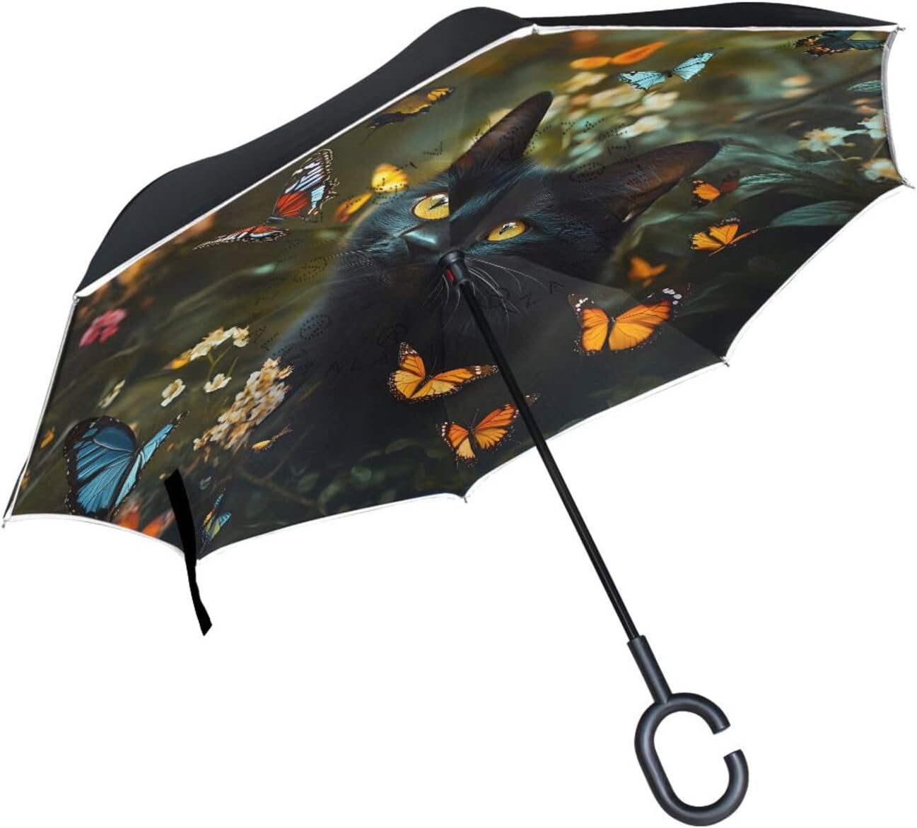 Black Cat Butterfly Inverted Umbrellas for Rain Windproof Reverse Upside Down Golf Umbrella with C-shape Handle for Men Women