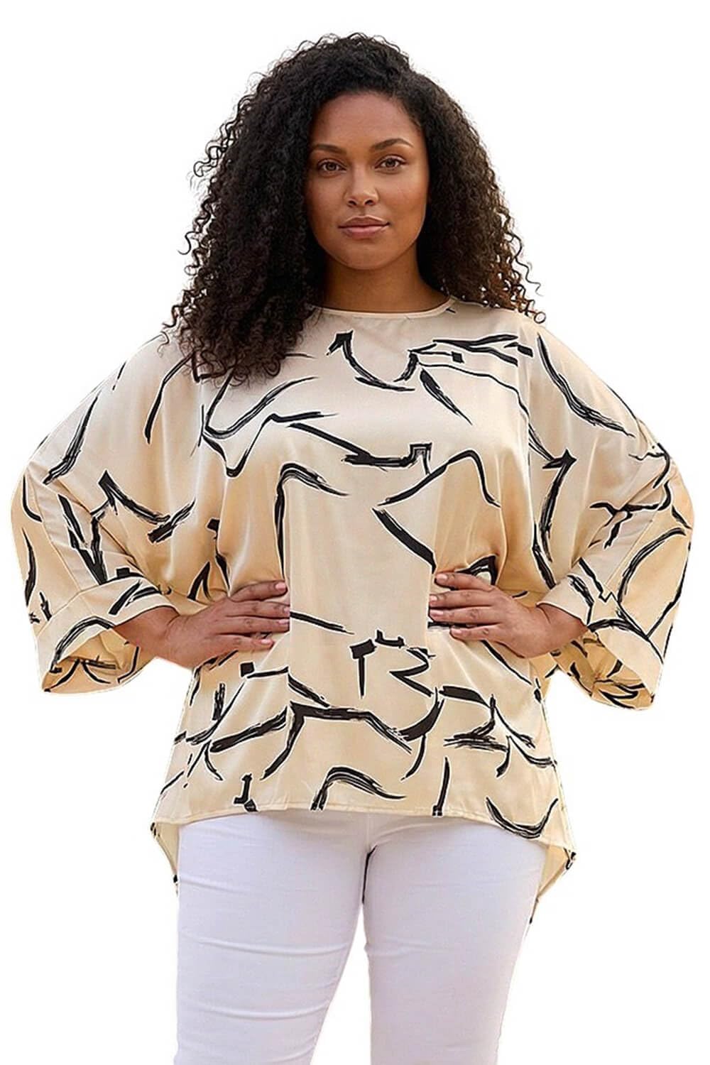 Roman Curve Floral Print Dipped Hem Top for Women UK Ladies Spring Everyday Summer Holiday Round Neckline Comfy Short Sleeves Soft Batwing Shape Shirt Relaxed Fit - Ivory Plus - Size 2224