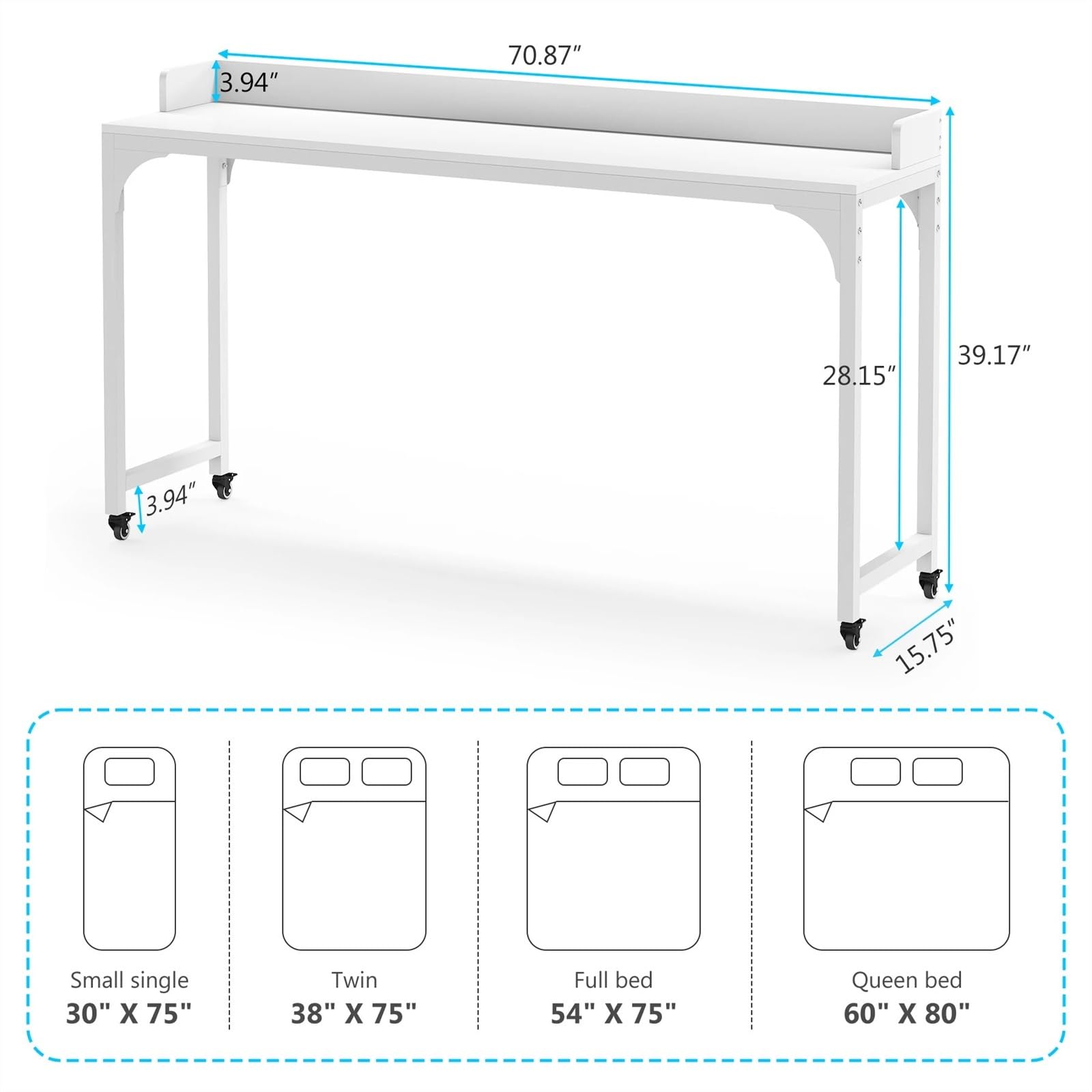 FAXIOAWA Table de lit avec roulettes, Bureau d'ordinateur Mobile Queen Size, Poste de Travail Debout, Chariot pour Ordinateur Portable, Table de lit