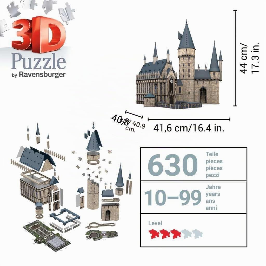 Ravensburger - Puzzle 3D Harry Potter, Sala Grande del Castello di Hogwarts, Età Consigliata 10+, 540 Pezzi - 44 x 41 x 42 cm