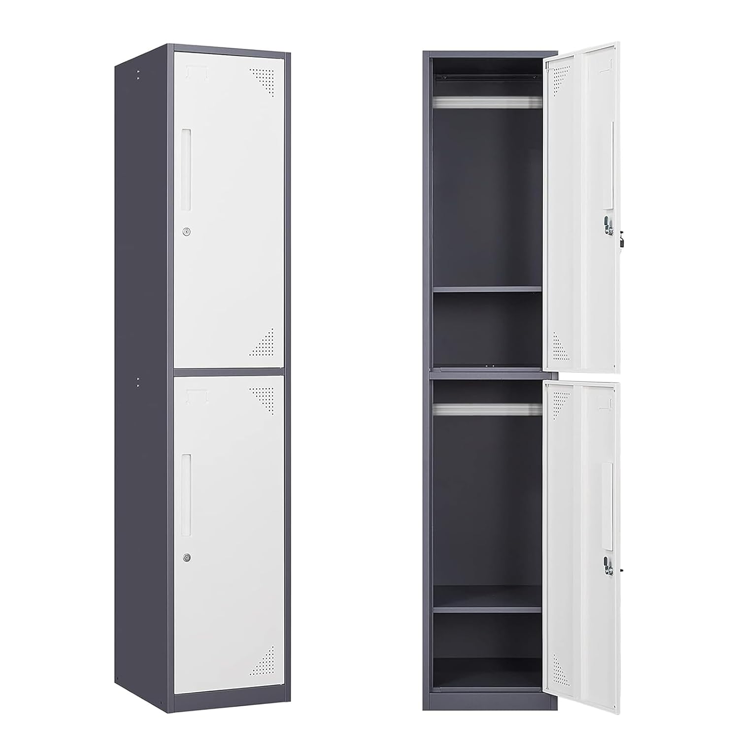 Yizosh Metal Lockers for Employees with Keys, 71" Employees Locker Storage Cabinet with 2 Doors, Tall Steel Storage Locker for Gym, School, Office(2 Door, Gray White)