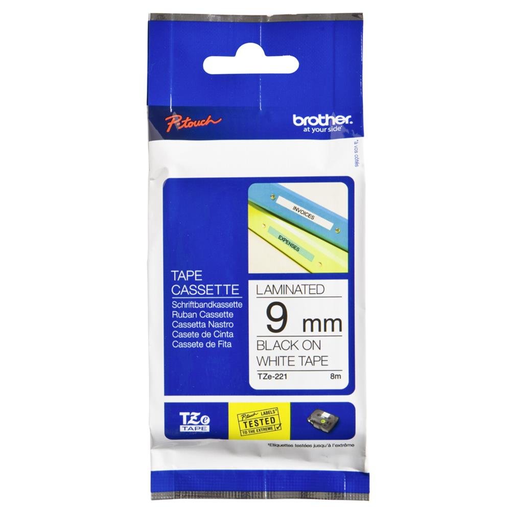 Brother Genuine TZe-221 9mm Standard Laminated Label, Black on White Tape, 8M Length