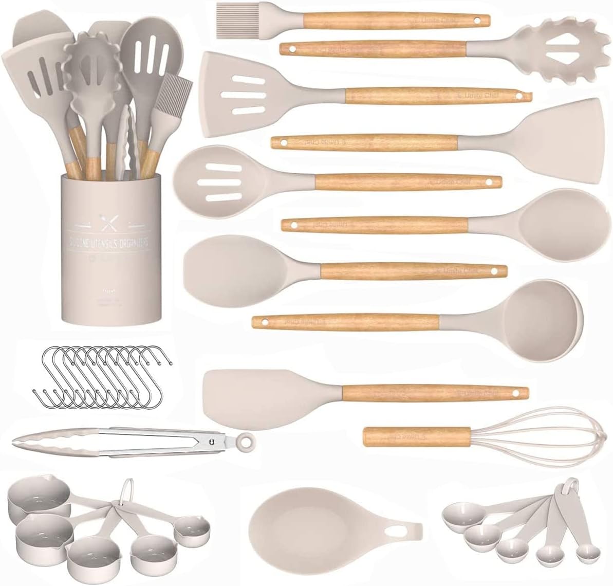 Reliable Arc Kitchen Cooking Utensils Set, 33 pcs Non-Stick Cooking Kitchen Utensils Set with Holder, Wooden Handle Silicone Kitchen Gadgets Utensil Spatula Set (Khaki)