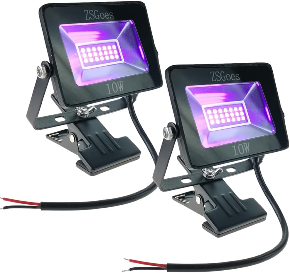 2 Pack 10W Black Light for Halloween Blacklight Party, Stage Lighting, Fluorescent Body Paint, Glow in The Dark, Fishing, UV Glue Curing, Screen Printing. with Clamp, Low Voltage 12V 24V DC AC