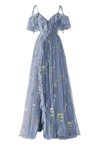 Maxianever Tulle Prom Dresses Flower Embroidery Ruffle V Neck Women's Formal Evening Party Gowns 2024 - 20 Plus - Dusty Blue