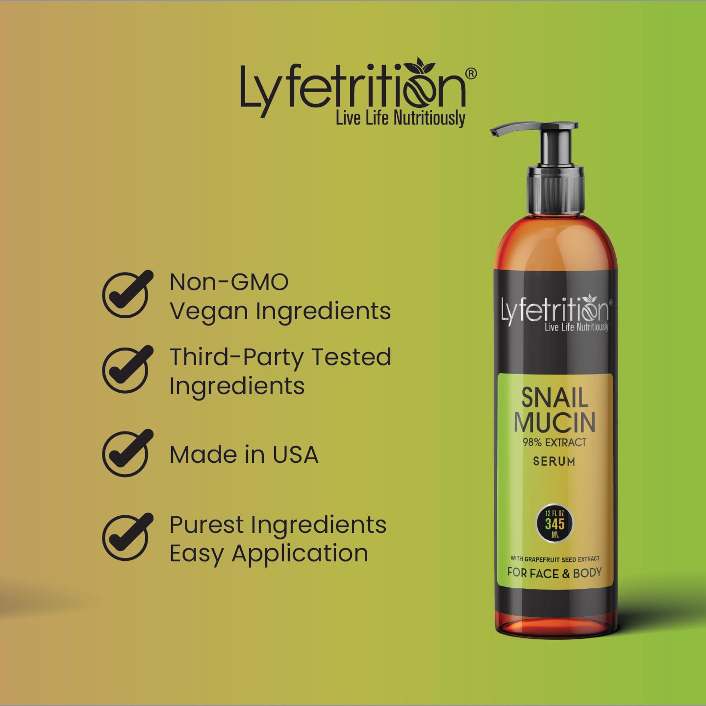 Lyfetrition Snail Mucin 98% Power Repairing Serum with Hyaluronic Acid & Aloe Vera, Skin Repair Serum, Moisturizing Serum Essence for Soothing, Reducing Fine Lines Deep Nourishing (12 Fl Oz)