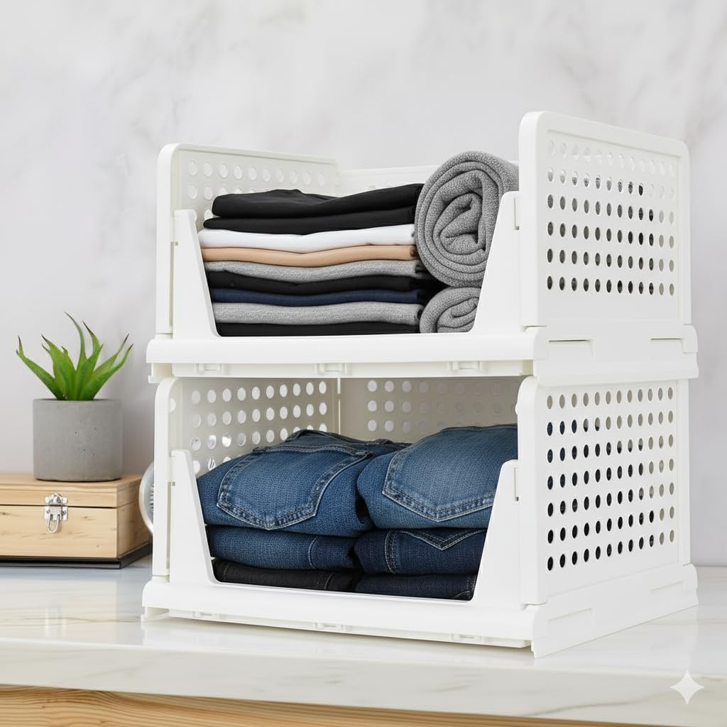 MECHDEL | Wardrobe Organizer For Clothes | Cupboard Organizer | Foldable Shirt Stacker Box | Cloth Box for Almirah | Closet Storage Basket |Plastic Stackable Closet Organizer (White, 2PCS)