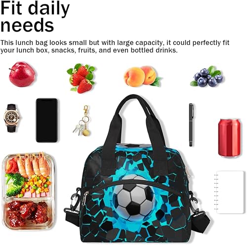 Miniatura 7 de Lonchera de fútbol con impresión 3D, bolsa aisladaenfriadora para mujeres, hombres, niñas, niños, deportes, fútbol, bolsa de almuerzo con correa