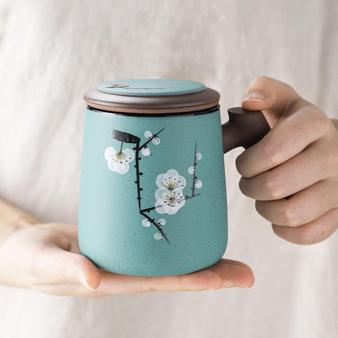 Tazza da tè in Ceramica con infusore e Coperchio, Tazza da tè Zisha con Manico in Legno, Tazza di infusione novità con Filtro per macerazione Foglia Sciolta per casa e Ufficio,Verde