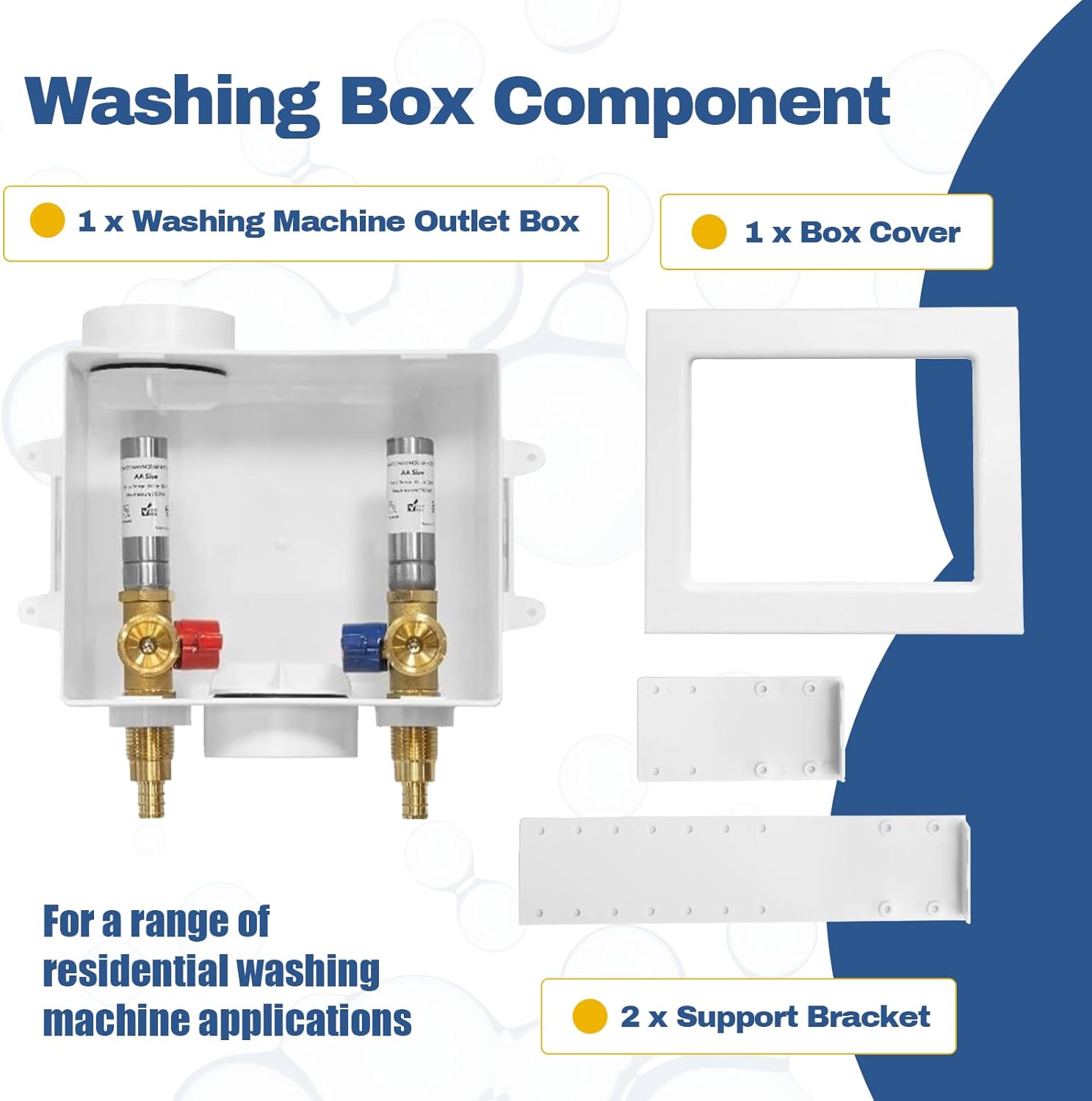 50-PACK GUOFIS Washing Machine Outlet Box with Stainless Steel Hammer Arrestor, PEX Laundry Washer Box with Central and Side Drain Design(1/2"PEX Crimp Connection Inlet X 3/4"MHT Outlet)(WM007-50Pack)