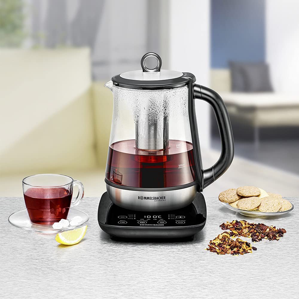 ROMMELSBACHER Tee- und Wasserkocher TA 2000-6 Programme, Temperaturregelung von 50-100 °C, Schnellstart-Taste, Ziehzeit bis 10 Minuten, Warmhaltefunktion, Glaskanne, Edelstahl-Teesieb, 2000 Watt