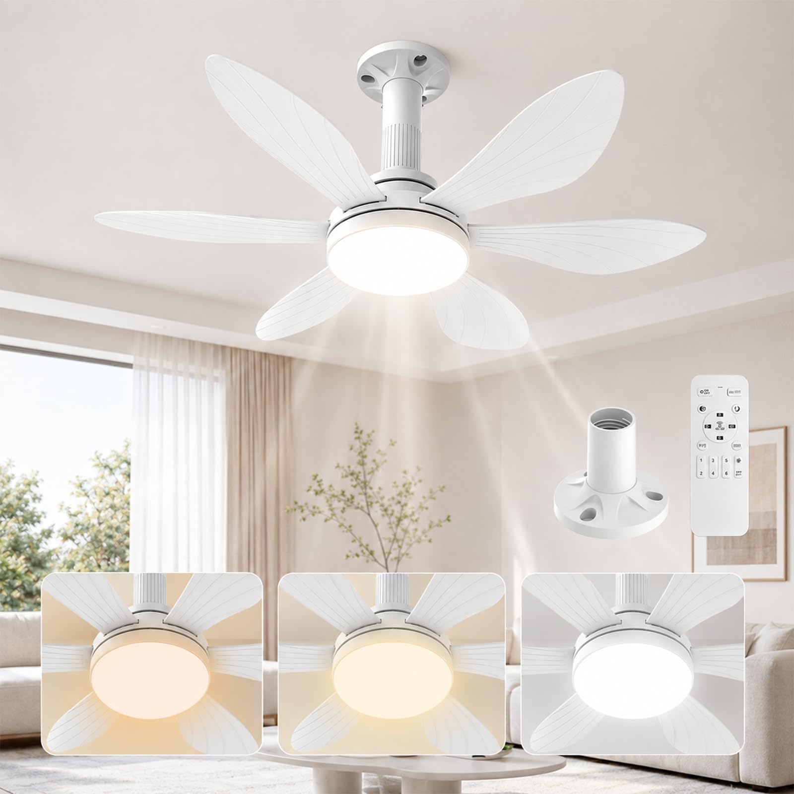Hisummer 28" Ceiling Fan with Light and Remote, E27 Connection Only with Base Included, Quick Installation, Small Silent Ceiling Fan for Bedroom, Living Room and Kitchen, Reversible DC Motor