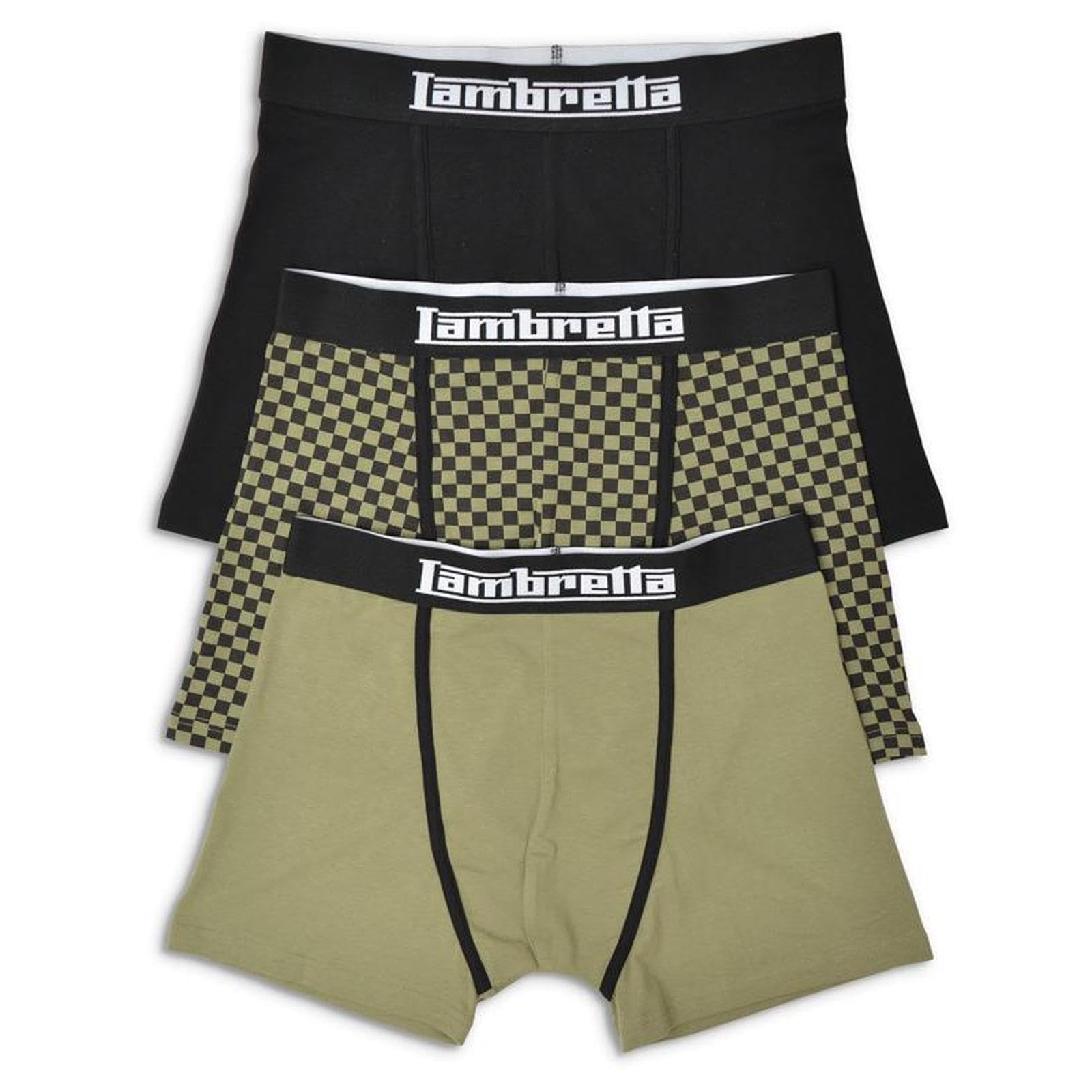 Lambretta Men's Khaki-Black 3 Pair Pack Of Boxer Shorts (Uk, Alpha, S, Regular, Regular, )