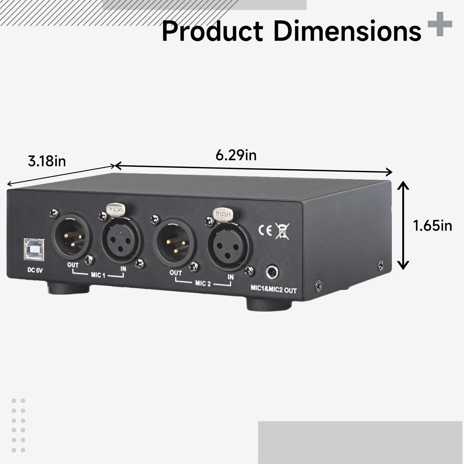 Alimentatore Phantom compatto per microfoni, doppi ingressi e uscite XLR, alimentazione USB, acciaio inossidabile, 160 mm x 81 mm x 42 mm, include cavi audio e di alimentazione