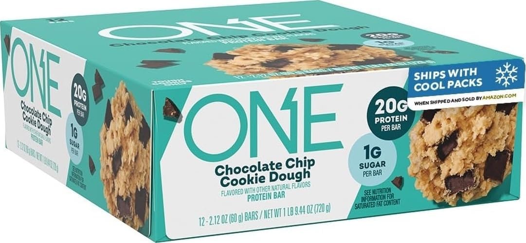 ONE Chocolate Chip Cookie Dough Protein Bars, 20g Protein, 12 ct | 20g Protein, 1g Sugar, Protein Snack for Breakfast, Workout and Travel, 12 Snack Bars with Whey Protein Isolate, Gluten Free