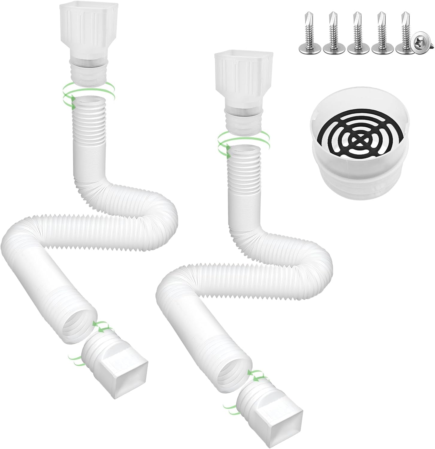 2 Pack Gutter Downspout Extensions 138" with Filter, Corrugated Flexible Gutter Pipe, Rain Diverter, Down Spout Drain Extension, Extendable from 31.5" to 138", Screws for Included, White