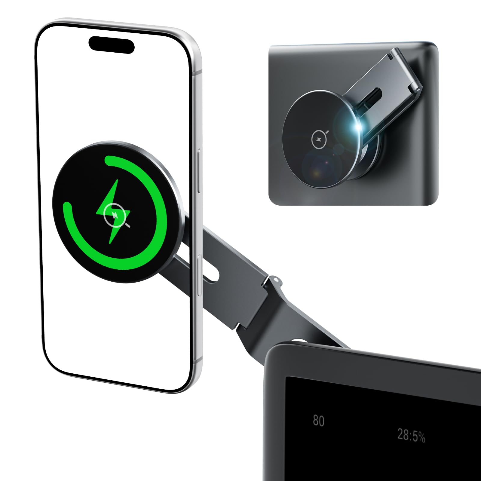Soporte Magnético para Tesla con Carga Inalámbrica 15W, Soporte Metálico Plegable y Extensible con Ajuste 360°, Compatible con MagSafe para iPhone, Tesla 3/Y/S/X/Cybertruck